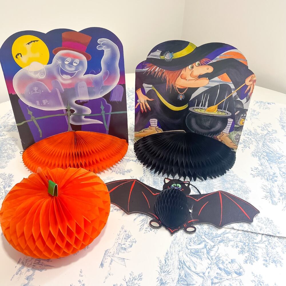 Lot of 4 Vintage Halloween Die Cuts Honeycomb 3D Ghost Witch Pumpkin Black Bat